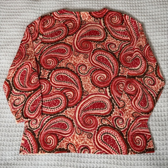 Talbots 100% Merino Wool Cardigan Sweater Womens Petite Medium Brown Red Paisley - Picture 3 of 8